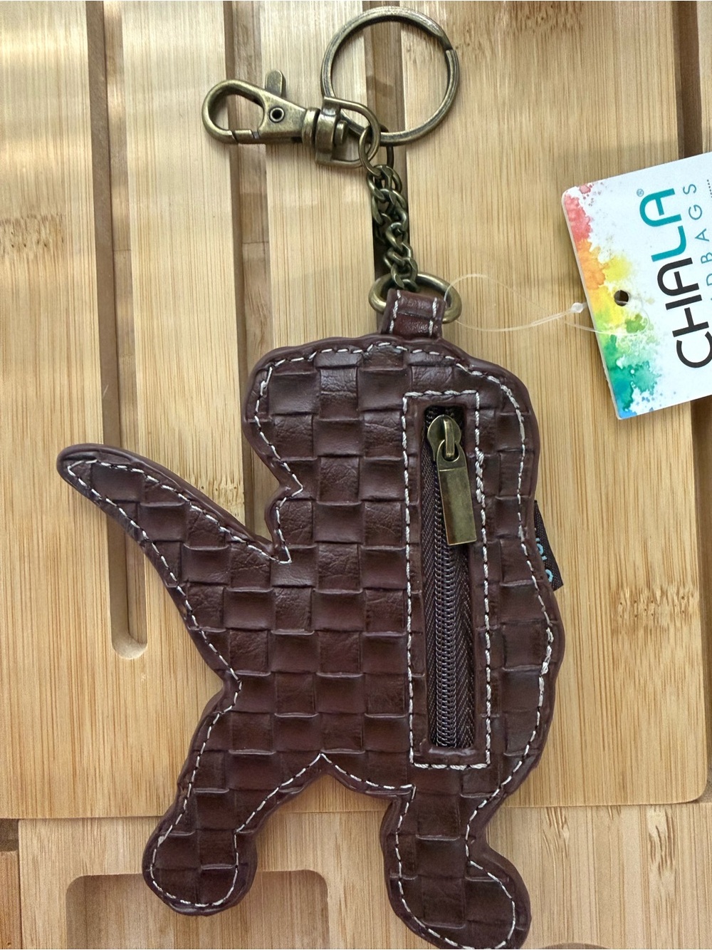Chala Green & Tan Dinosaur Keychain Bag Charm with Bronze Hardware - Picture 4 of 5